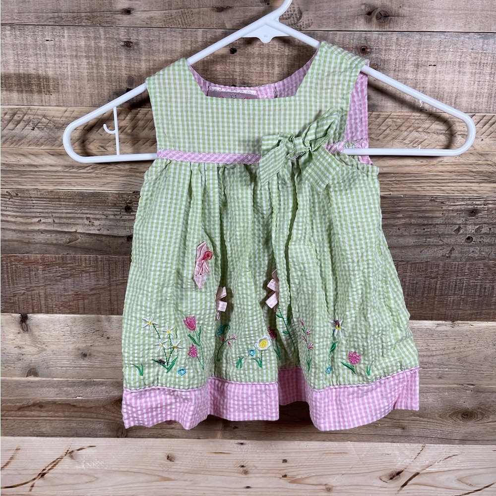 Samara Green Pink Seersucker Bows Floral Girls 18 Months Sleeveless Cotton Dress